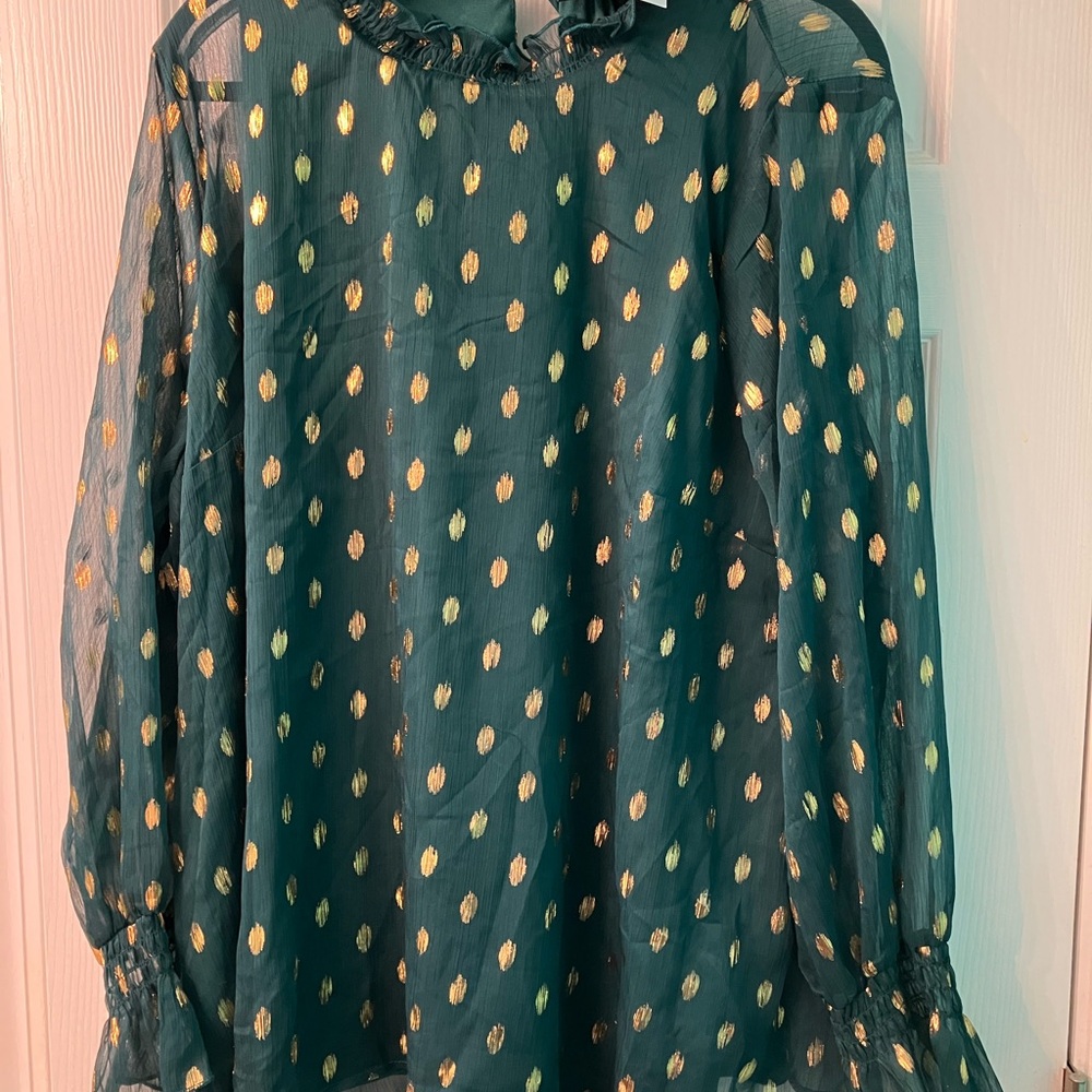 NWT Lane Bryant Hunter green and metallic gold dot chiffon blouse size 20